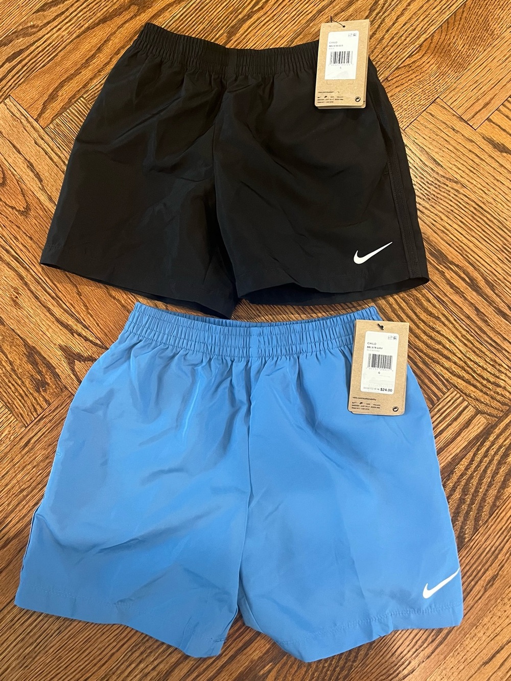 Two Pairs Boys’ Nike Dri-FIT Athletic Shorts, Black & Light Blue, Sz 5 & 6, NWT
